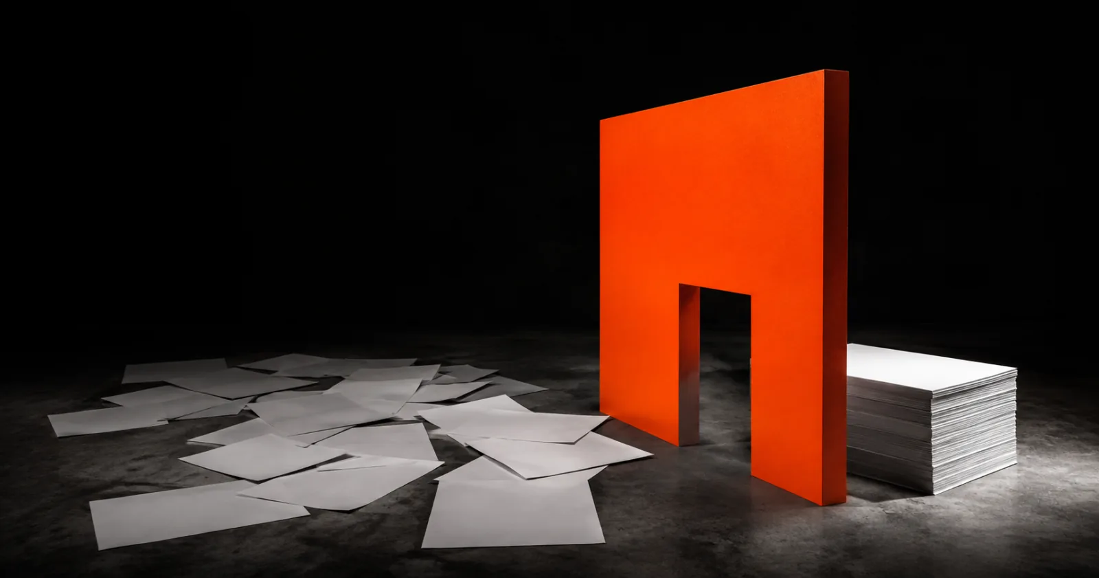 Scattered sheets on one side of an orange doorway and a neat stack on the other