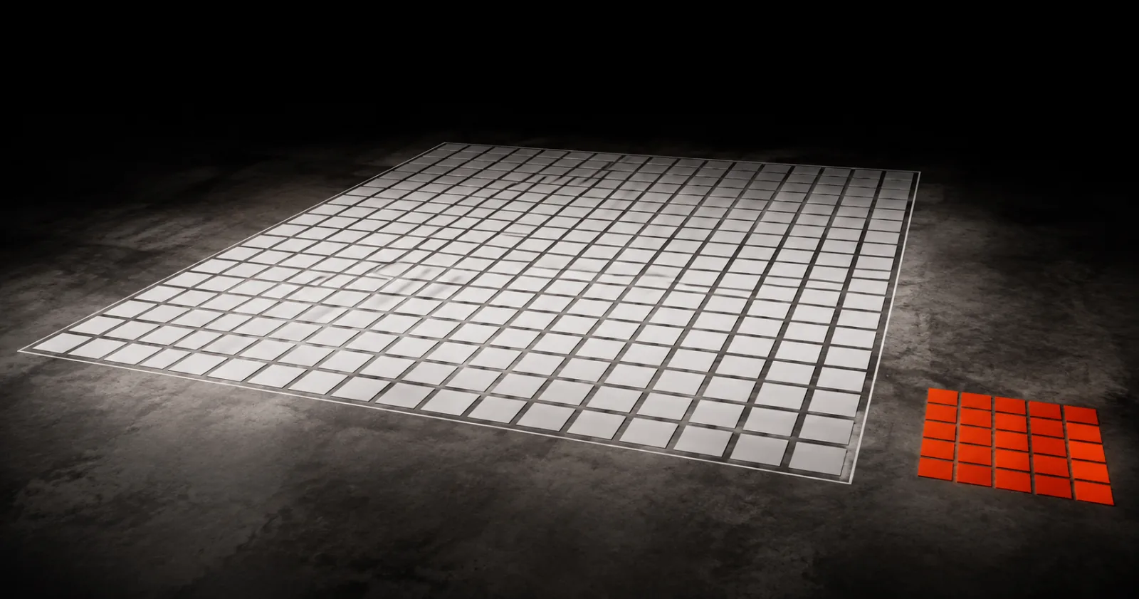 A large grid of white tiles with a small block of orange tiles sitting outside its edge